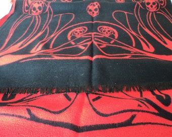 French vintage black and red large scarf with pictures of skulls  (12361) G36