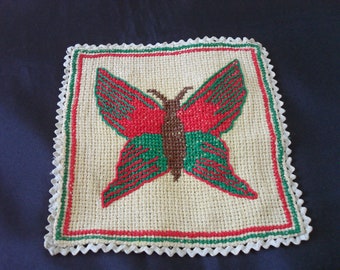 French vintage hand made embroidered butterfly doily (15624) U