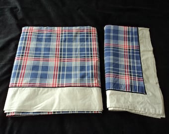 French vintage plaid cotton sheet and matching pillowcase (08786) GSH1