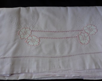French Vintage pink cotton embroidered and thread work sheet (13055) GSH2