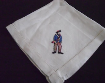 Vintage French embroidered handmade white linen handkerchief (15777) H #