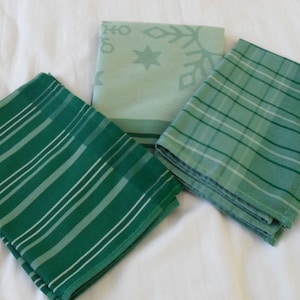 Set of three French cotton green tea towels / torchons  (15080-15081) DR6