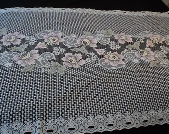 French vintage lace panel net window / curtains with pink flowers 88 cm length x 136 cm width  (14235-14236) G31