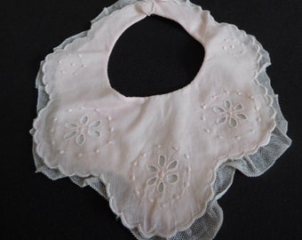 French vintage hand embroidered babies pink cotton and lace bib  (18223) SDR2