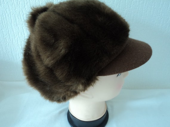 French vintage brown faux fur lined peak hat  (08… - image 4