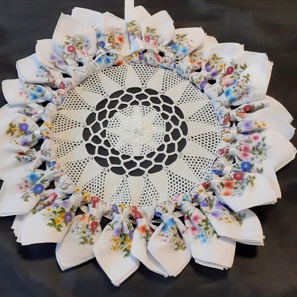 Handmade one of a kind French floral handkerchief wreath with a doily centre (19174)