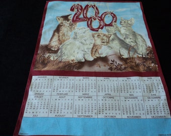 French vintage cotton printed 2000 calendar tea towel / torchon  (08310) Q