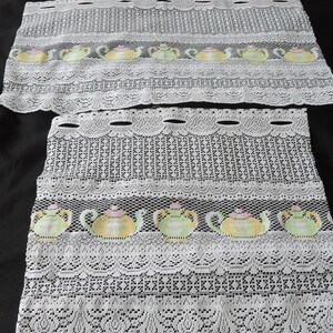 Two pieces of French vintage lace panel cafe net curtains with coloured tea and sugar pots pictures  (15717) G49