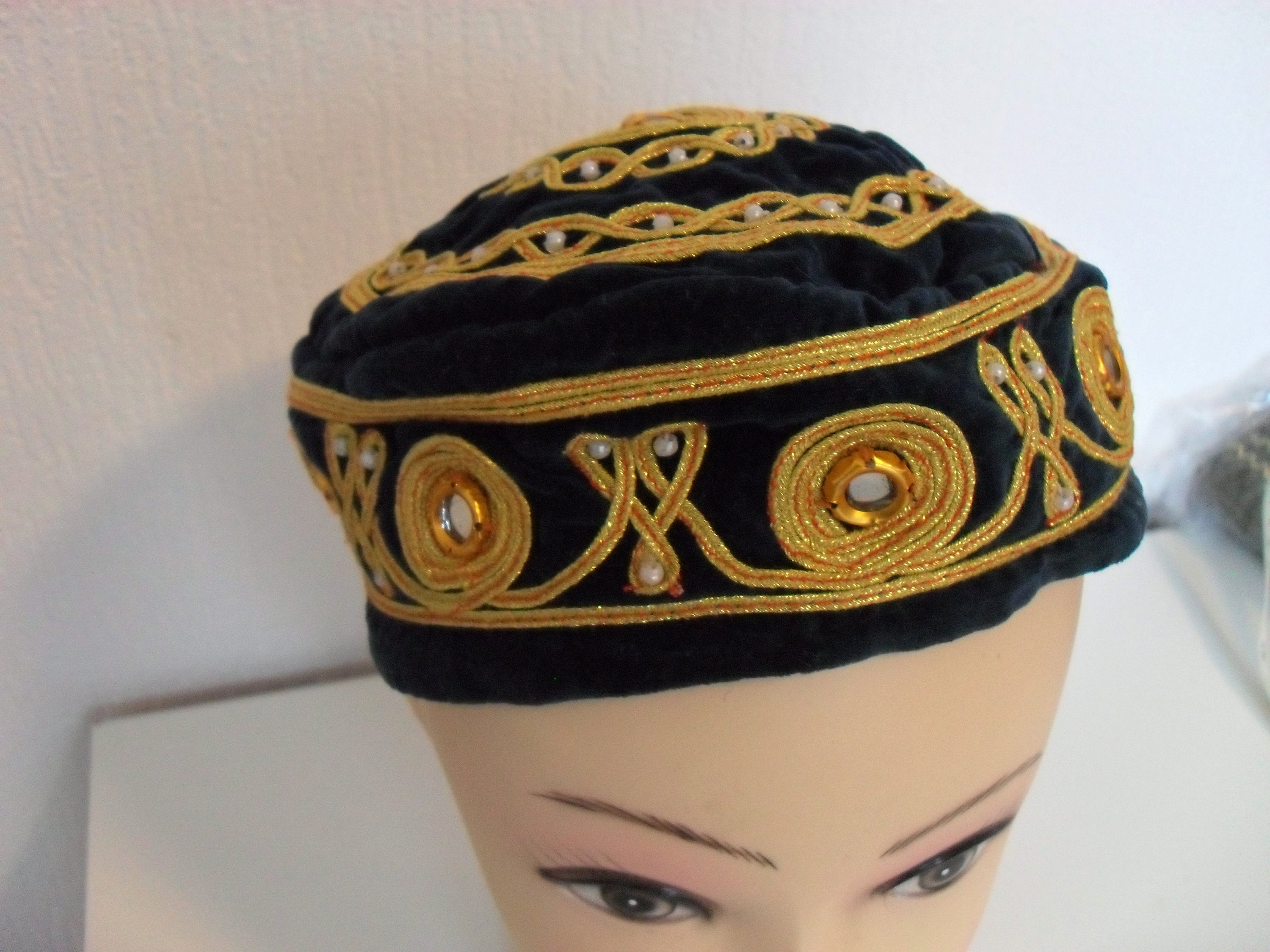 Vintage Jewelled Navy Blue and Gold Lined Kufi Cap Size 56