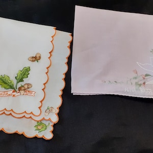Two French vintage authentic Nina Ricci Paris perfume collectable embroidered handkerchiefs (19859) H
