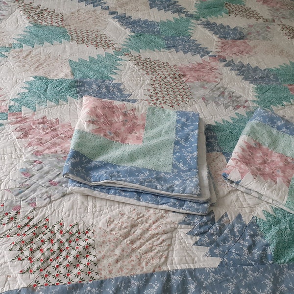 French vintage handmade patchwork quilted throw over and two matching pillowcases 232 cm x 220 cm  (18971) G