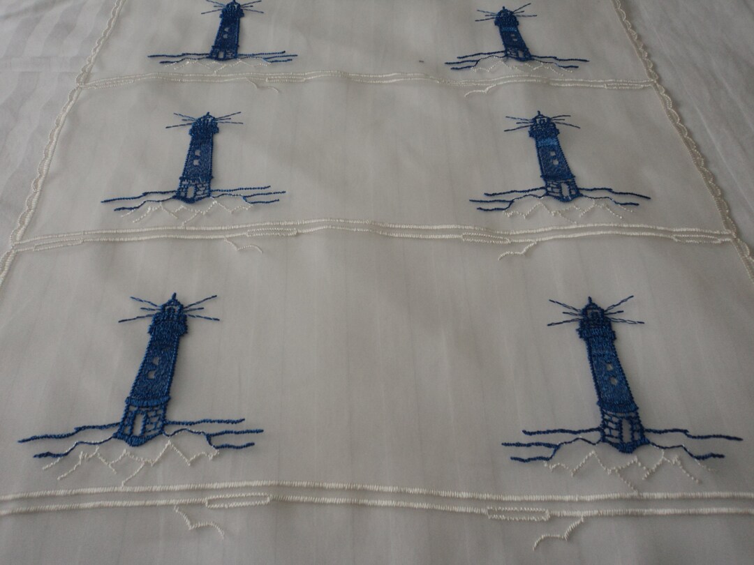 French Vintage Embroidered Net Curtains With Pictures of Lighthouses 90