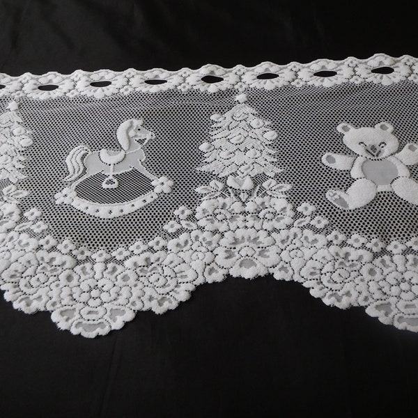 French vintage white lace net window curtain with pictures of teddy bears and rocking horses 44 cm length 18088 (G66 )18454 (G77)