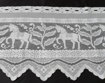 Stunning French vintage lace  net window curtains with pictures of horses 196 cm width x 46 cm length  (15893-15894) G57