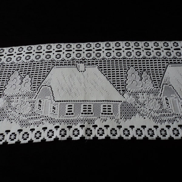 Reserved for Debbie - French vintage lace cafe curtain with pictures of houses 97 cm x 30 cm  (09686) G10