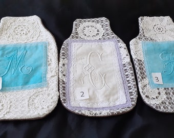 Choice of handmade hot water bottle cover with embroidered initial and French vintage doilies (19211) G47