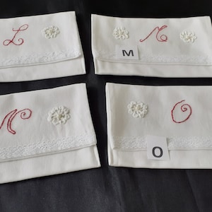 Handmade metis linen and lace fully lined, embroidered initial  gift envelope / napkin holder  (19260) K #
