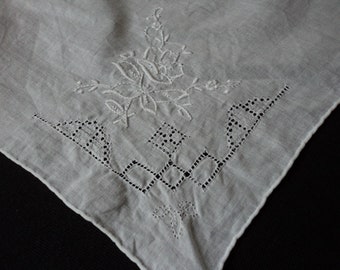 French vintage stunning fine linen hand embroidered wedding handkerchief (06484-5-6) H #