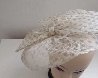 Beige and grey mesh fascinator with feathers and headband  (19319) G