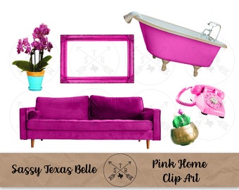 Pink Home Clip Art Digital Design Elements - PNG Instant Download - Sofa Clip Art - Orchid Clip Art - Claw Foot Tub Clip Art - Retro Home