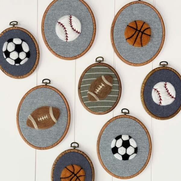 Needle Felted Individual Sports Nursery Wall Decor–  Soccer, Basketball, Baseball, Football – Handmade Nursery Keepsake