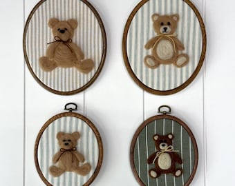 Handmade Custom Needle Felt Teddy Bear Nursery Decor | Personalized Wall Art | Hand Embroidered Name