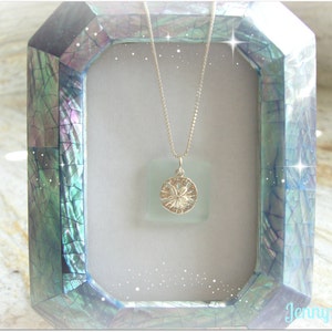 Sand Dollar Necklace with a Sterling Silver Chain & Sea Foam Blue Beach Glass Bead