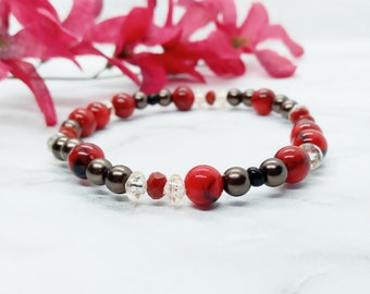 Artisan Beaded Bracelet, Gift for Her, Red Black Brown Glass Beads Stretchy Bracelet, Mixed Bead Maximalist Bracelet | "Better Believe"