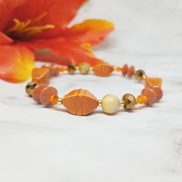 Pretty Orange and Gold Glass Beads Bracelet, Unique Handmade Gift for Her, Formal or Casual Bracelet, Gift for any Occasion | “Come Too Far”
