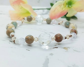 Handmade One of a Kind Stretch Bracelet, Aqua Terra Jasper Gemstone Beads, Glass Beads, Unique Jewelry Gift for Her | “Treasure Hunt"