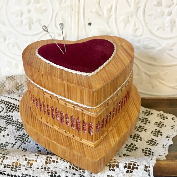 Vintage Heart Box Tramp Art , Memory Jewelry Sewi