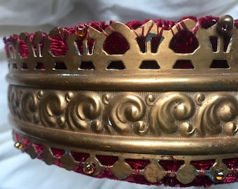 OOAK Crown  Santos, Madonna Queens Brass Ornate Crown, Red Velvet  Black Vintage Netting Lining, Crystal Seef Beads