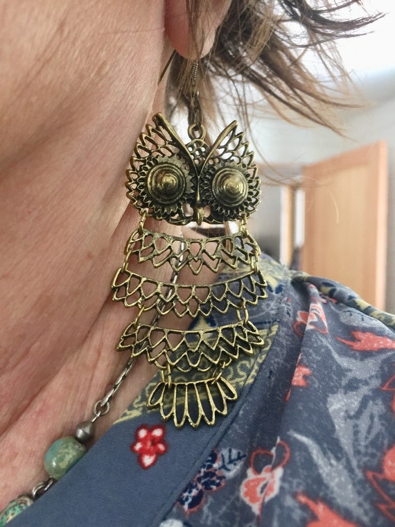 Vintage Dangling Owl Earrings,  Metal Boho Earring