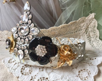 French White Crown, Artisian Made, Filigree Metal , Rhinestones ,  Vintage Jewelry,Antique Gold Jewelry OAK