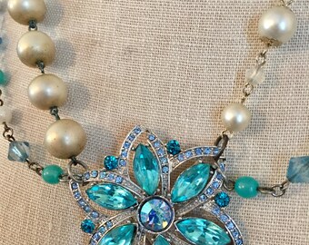 Vintage Assemblage Statement Necklace, Pearls on Chain, Vintage Aqua Blue Rhinestone Pin, Boho Necklace, Shabby Chic Jewelry