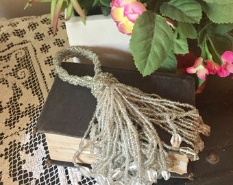 VTG Lg Braided Glass Bead Tassel Tie Back, Silver Glass Beads Lined Metallic Silver Beaded Drawer Fan Light Pull, Hollywood Regency Decor