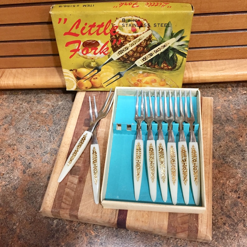 Ivory Colored Handles with Gold Etching Vintage Hors d/'oeuvre Forks Mid-Century Modern Retro Dinner Party Set of 8 Original Box