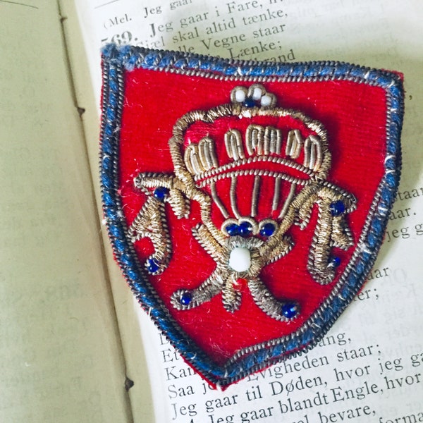 Vintage Gold Bullion Military Coat of Arms Crest, Hand Made, Blue Floss Metallic Thread, Red Velvet Beads, Pocket Crest Pin Back