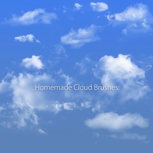 May include: A blue sky with white fluffy clouds. The text ':Homemade Cloud Brushes:' is written in the centre of the image.