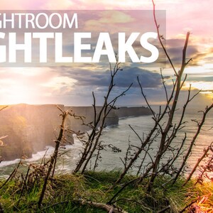May include: A digital graphic featuring the text 15 LIGHTROOM LIGHTLEAKS overlaid on a landscape scene of coastal cliffs overlooking the ocean at sunset, with bare, dark branches in the foreground and a bright, warm glow on the horizon.