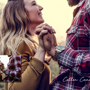 May include: A couple holding hands, looking at each other and smiling. The woman is wearing a brown sweater and the man is wearing a red and white plaid shirt. The text "Cotton Candy Pop" is visible in the bottom right corner of the image.