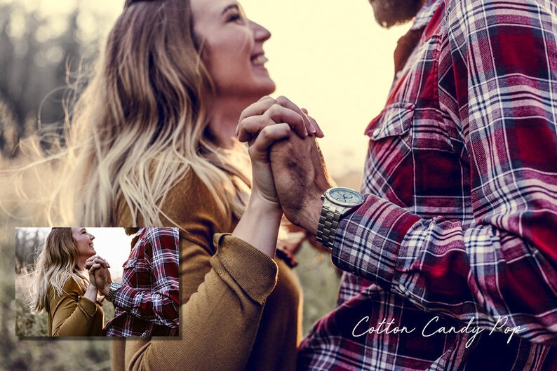 May include: A couple holding hands, looking at each other and smiling. The woman is wearing a brown sweater and the man is wearing a red and white plaid shirt. The text "Cotton Candy Pop" is visible in the bottom right corner of the image.