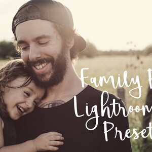 May include: A father and daughter are smiling and hugging. The father is wearing a black baseball cap and a black shirt. The daughter is wearing a black tank top. The text "Family Pack Lightroom Presets" is superimposed on the image.