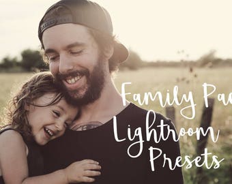 May include: A father and daughter are smiling and hugging. The father is wearing a black baseball cap and a black shirt. The daughter is wearing a black tank top. The text "Family Pack Lightroom Presets" is superimposed on the image.