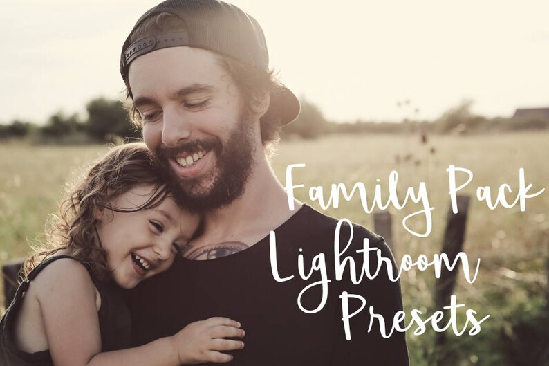 May include: A father and daughter are smiling and hugging. The father is wearing a black baseball cap and a black shirt. The daughter is wearing a black tank top. The text "Family Pack Lightroom Presets" is superimposed on the image.