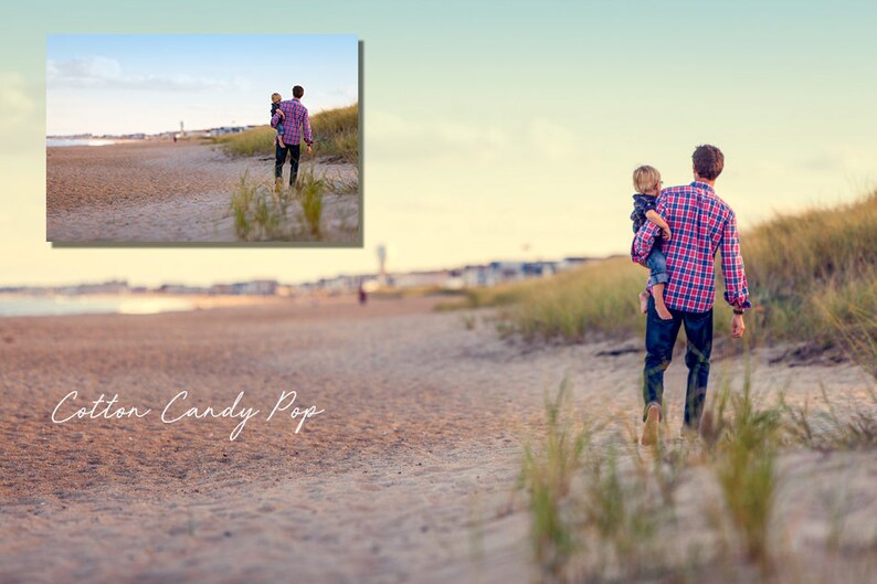 May include: A father and son walk along a sandy beach with tall grass on either side. The father is wearing a red and black plaid shirt, blue jeans, and brown sandals. The son is wearing a blue shirt and blue shorts. The text "Cotton Candy Pop" is written in white on the sand.