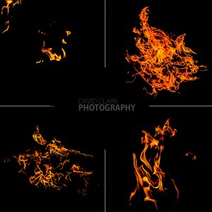 May include: Four abstract images of orange and yellow flames against a black background. The flames are in different shapes and sizes, creating a dynamic and fiery composition.