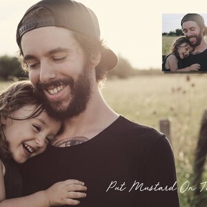 May include: A father and daughter are smiling and hugging in a field. The father is wearing a black baseball cap and a black shirt. The daughter is wearing a black tank top. The text "Put Mustard On That Dog" is written in white cursive on the bottom of the image.