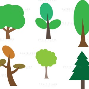 May include: An illustration of six different trees. The trees are in various shades of green, brown, and orange. The trees are all different shapes and sizes.
