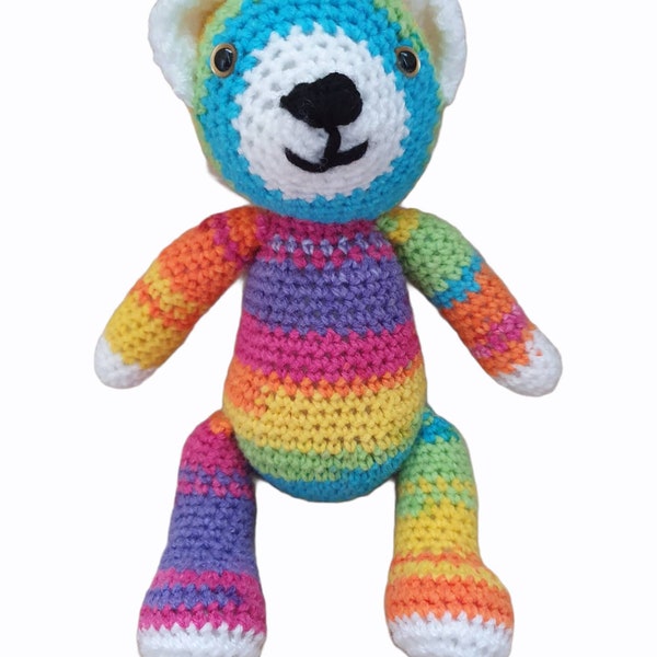 Bright Rainbow Bear Plush, Amigurumi Crochet Bear Plush, LGBTQ Rainbow Cuddly Animal Toy